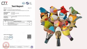 Valid EN71-1 and EN71-3 test report with passed result alongside wholesale hand-painted wooden bird crafts.