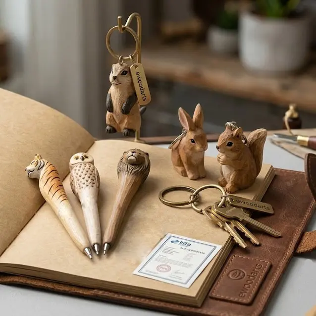 Hand-carved wooden animal pens and keychains set for wholesale gift orders