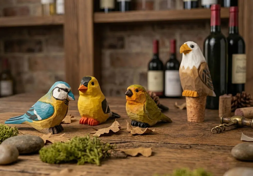Wholesale handmade woodcrafts featuring geometric carved wooden bird decorations and a decorative eagle bottle stopper for gourmet barware.