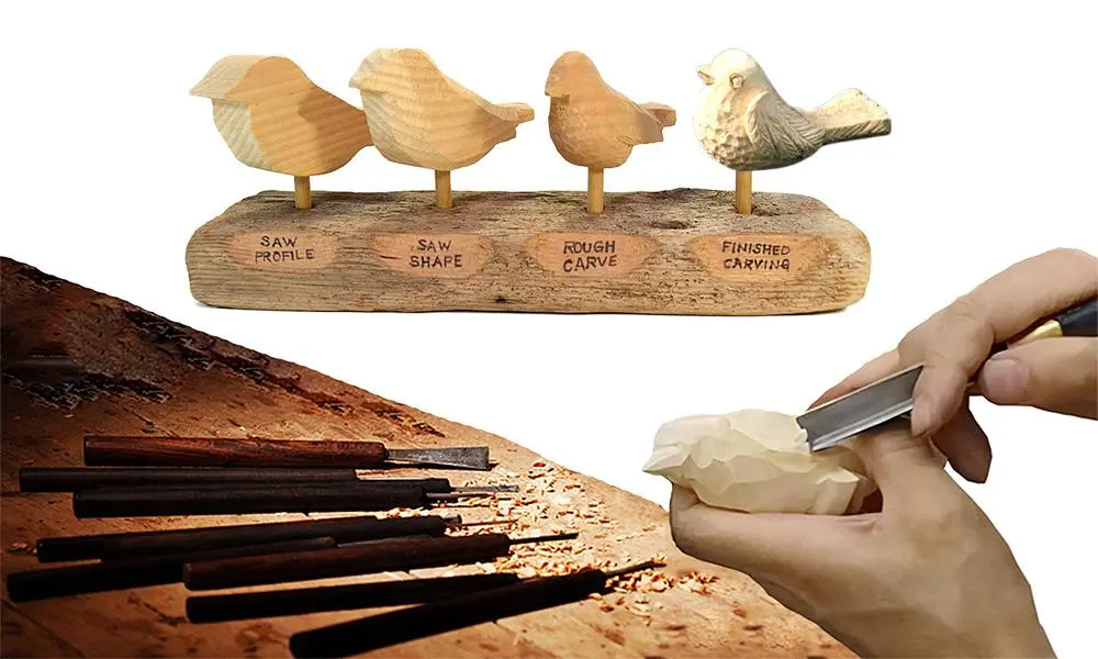 Artisan demonstrating the four stages of hand-carved wooden bird production, from saw profile to finished carving, using professional woodworking tools.