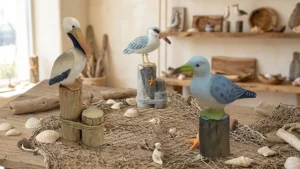 Seaside-themed retail display featuring hand-carved wood birds, pelican, seagull, and sandpiper statues with fishing nets