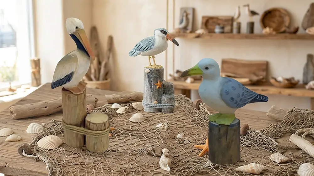 Hand-carved wooden shorebirds arranged in a commercial display setting — showing how tabletop birds create coastal atmosphere in hospitality spaces