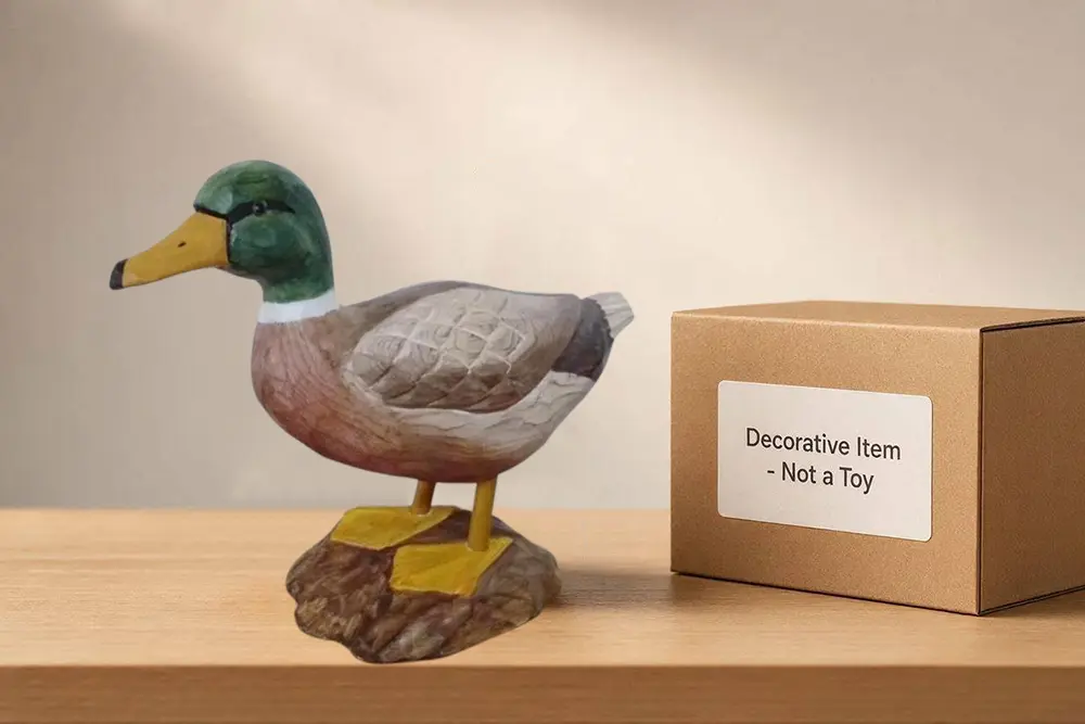 Hand-carved wooden duck craft next to a packaging box labeled "Decorative Item - Not a Toy" for customs compliance.