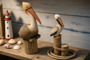 hand-carved wooden pelicans on wooden dock pilings with rope detail on a coastal store display shelf