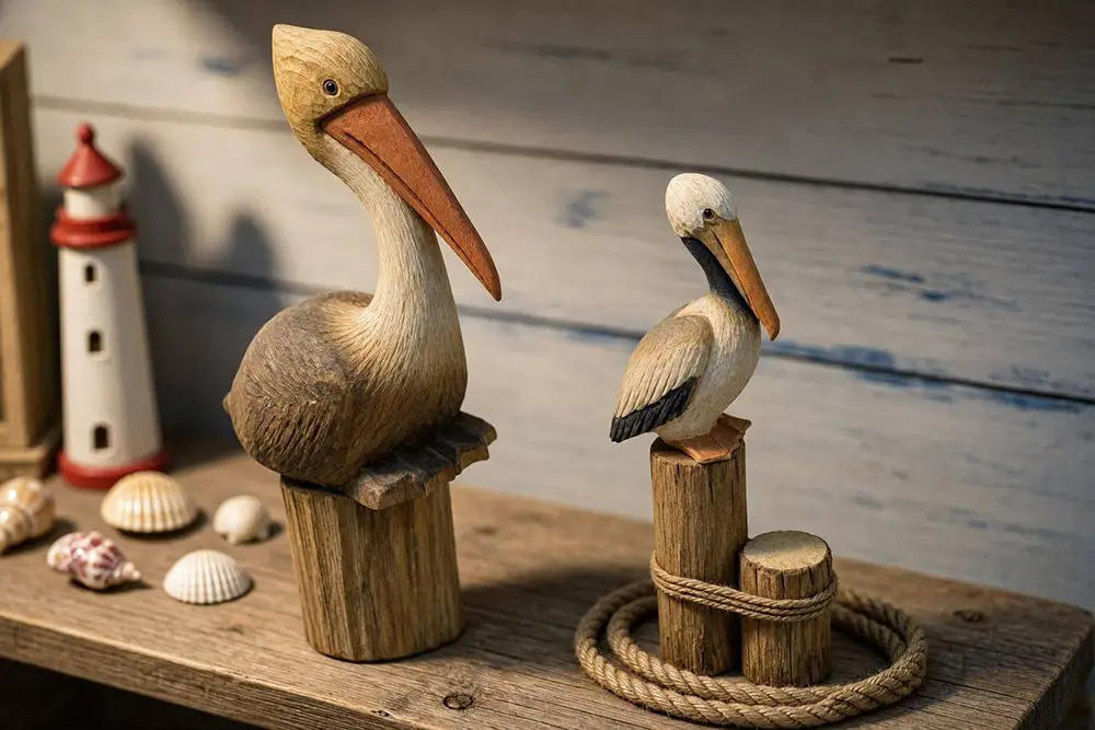 Hand-carved wooden pelican sculptures displayed on wooden dock pilings with rope details in a coastal retail store