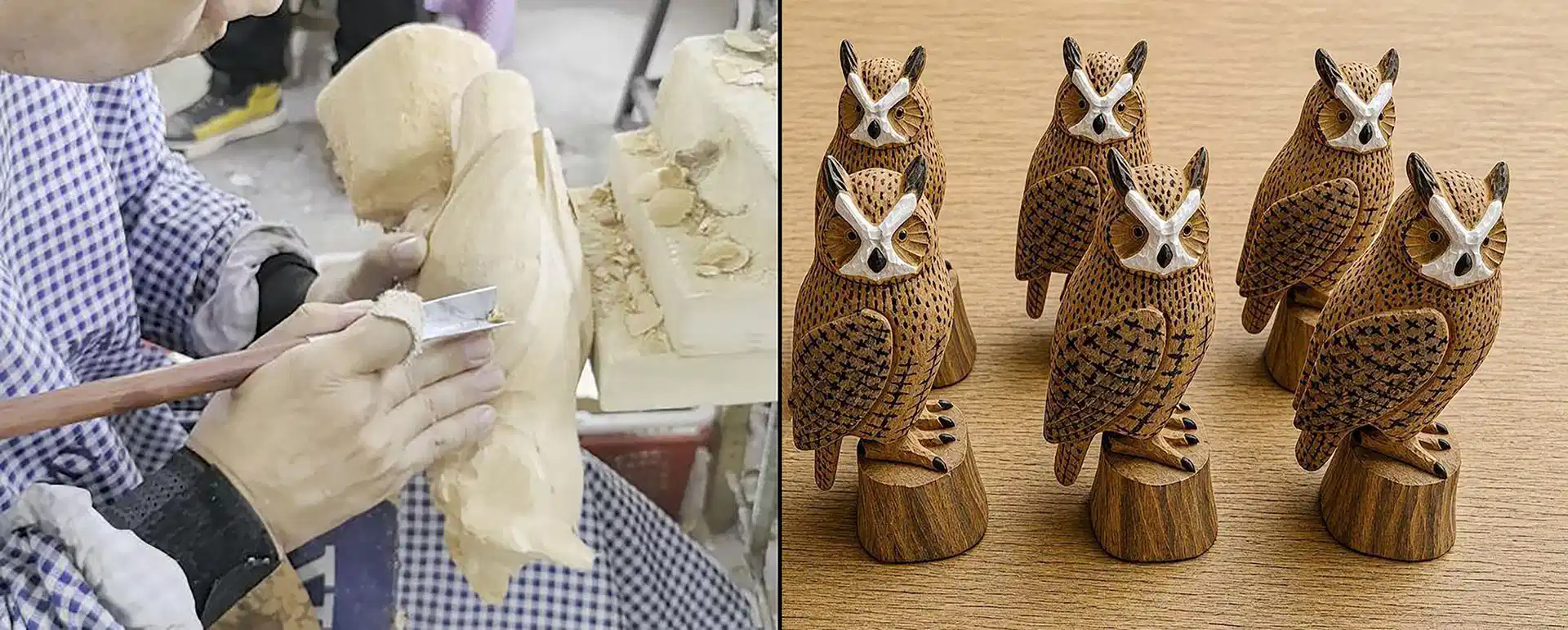 Hand-carving process on the left and finished hand-painted wooden owl crafts on the right.