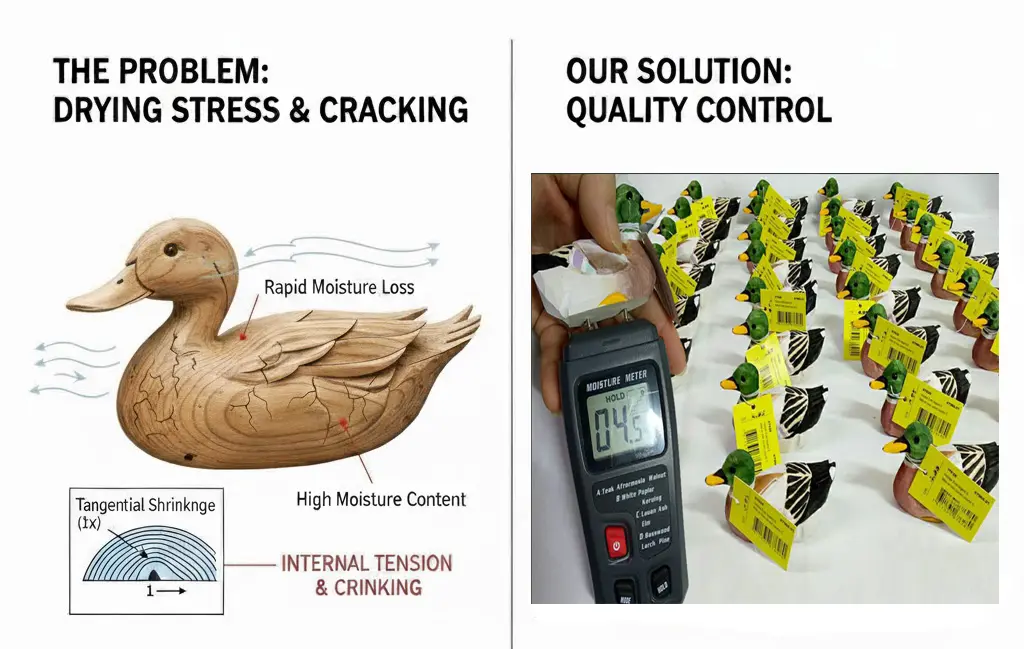Comparison between wood drying cracking issues in hand-carved duck crafts and factory moisture meter quality control testing.