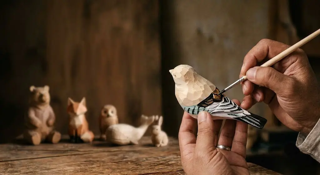 Artisan assembling handcrafted wooden decorative goods in a workshop, quality checking seasonal ornament components