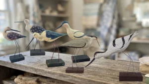 A group of handcrafted wooden sandpipers in various sizes and poses displayed together naturally on a rustic wooden shelf in a coastal gift shop.