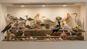 Hand-carved wooden shorebird crafts displayed on rustic driftwood shelves in a coastal boutique.