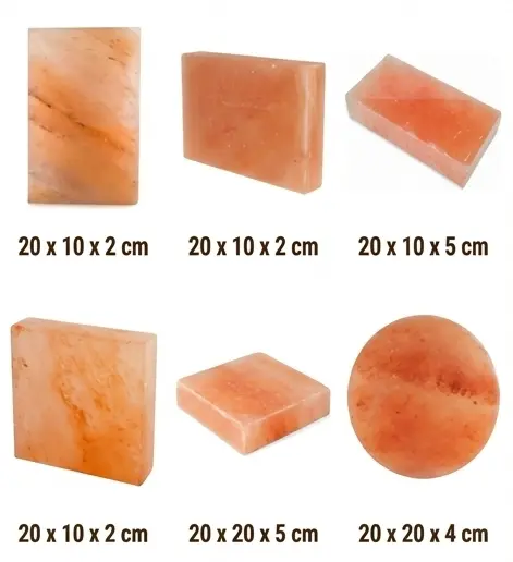 Dimension chart showing standard sizes and shapes of wholesale Himalayan pink salt bricks for commercial sourcing.