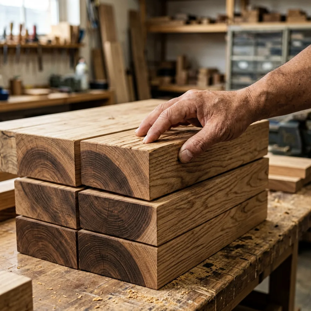 Hyper-realistic photography of high-quality basswood blocks stacked in a workshop, a master artisan's hand feeling the texture of the wood grain, focus on the raw timber's natural color and moisture-controlled surface, warm workshop lighting, professional industrial setting, no text, no brand logo.