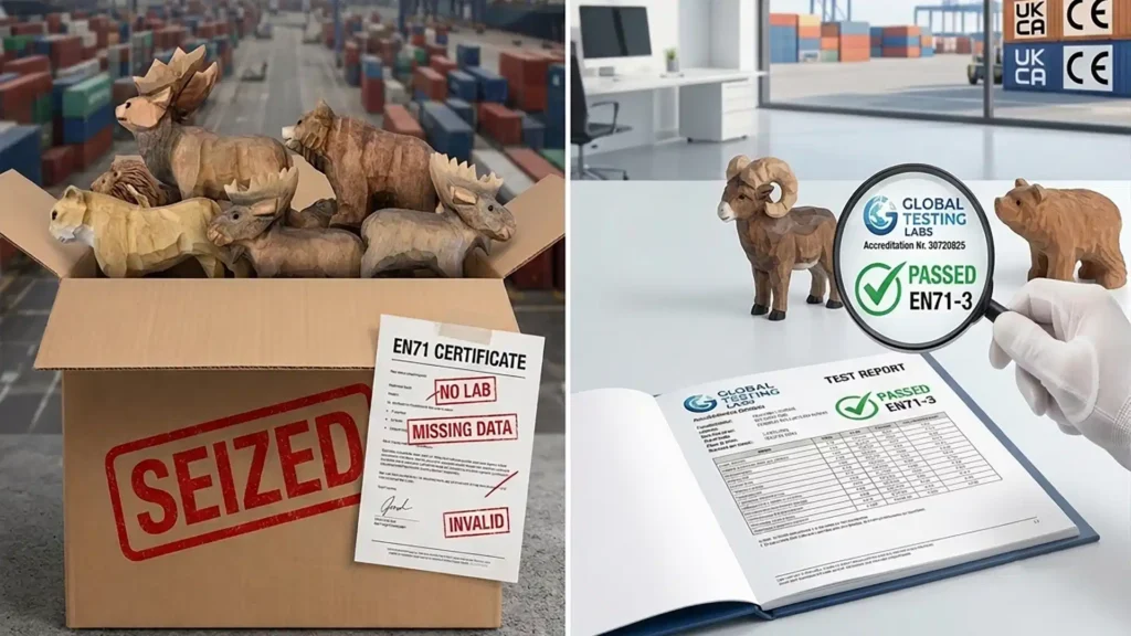 Side-by-side comparison of hand carved wooden animals held at customs for an invalid certificate and the same product cleared with a valid EN71-3 laboratory test report