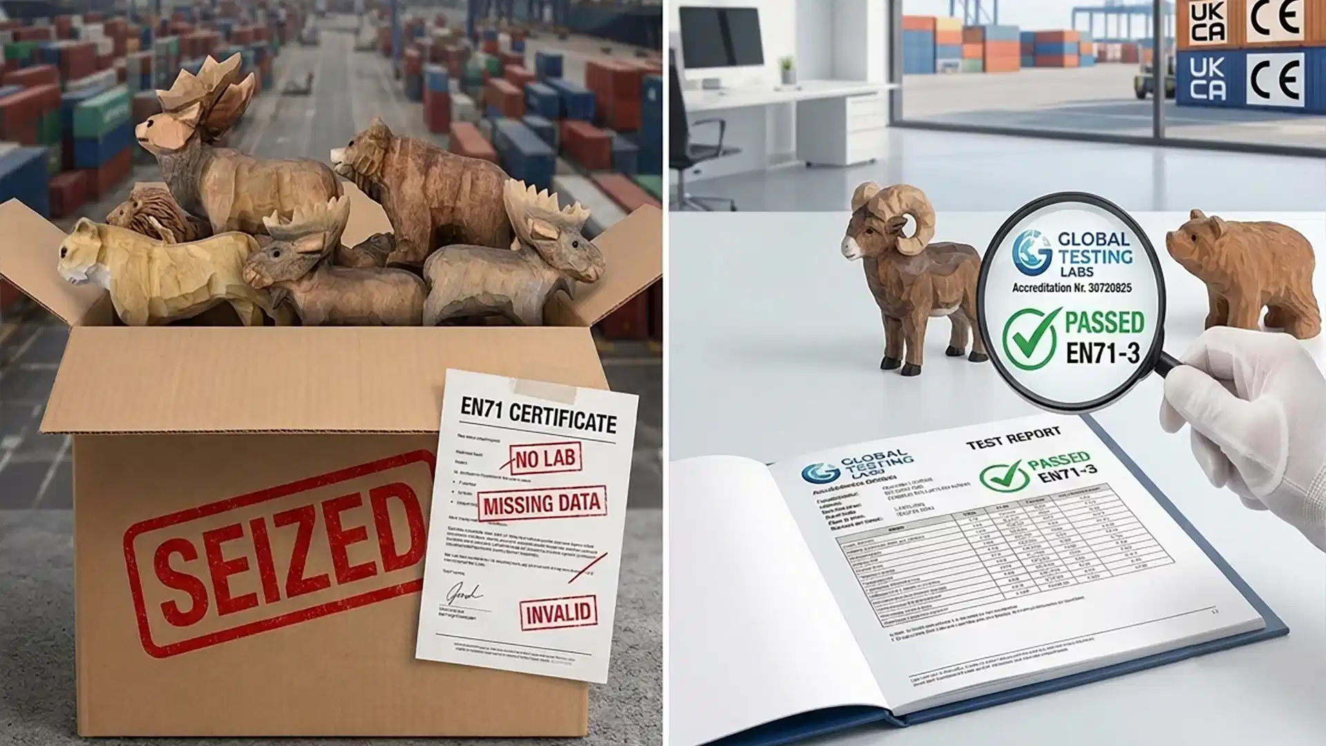Comparison of customs-seized wooden animals with invalid certificates versus verified EN71-3 lab testing.