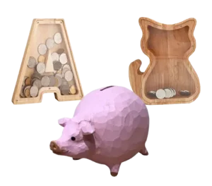 Custom wholesale wooden piggy banks showing alphabet letter A, cat shape money box, and hand-carved pink pig figurine