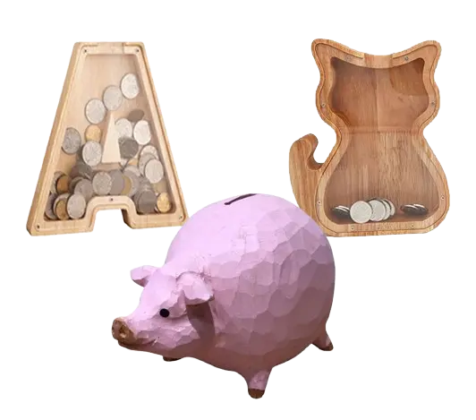 Wholesale custom wooden piggy banks - alphabet letter, cat shape, and hand-carved pig figurine from Jilin factory