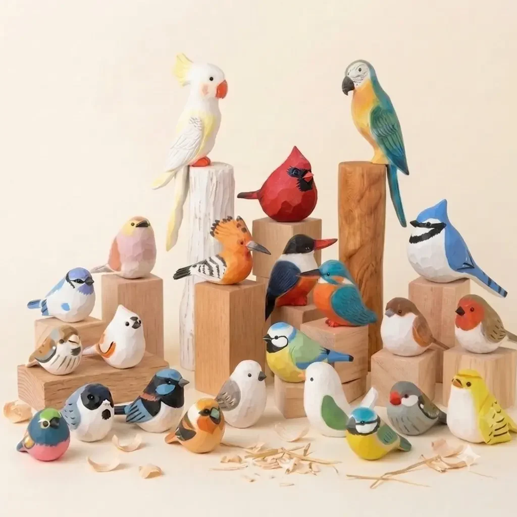 Collection of colorful handmade wooden bird figurines for wholesale home decor
