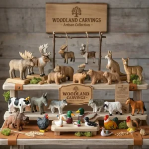 A detailed product display for the "Woodland Carvings - Artisan Collection," showcasing two tiers of handcrafted wooden animal figurines, from moose and bears on top to farm animals and waterfowl on the bottom, under a branded wooden plaque.