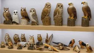 Showroom display of wholesale wood-carved eagles and owls.