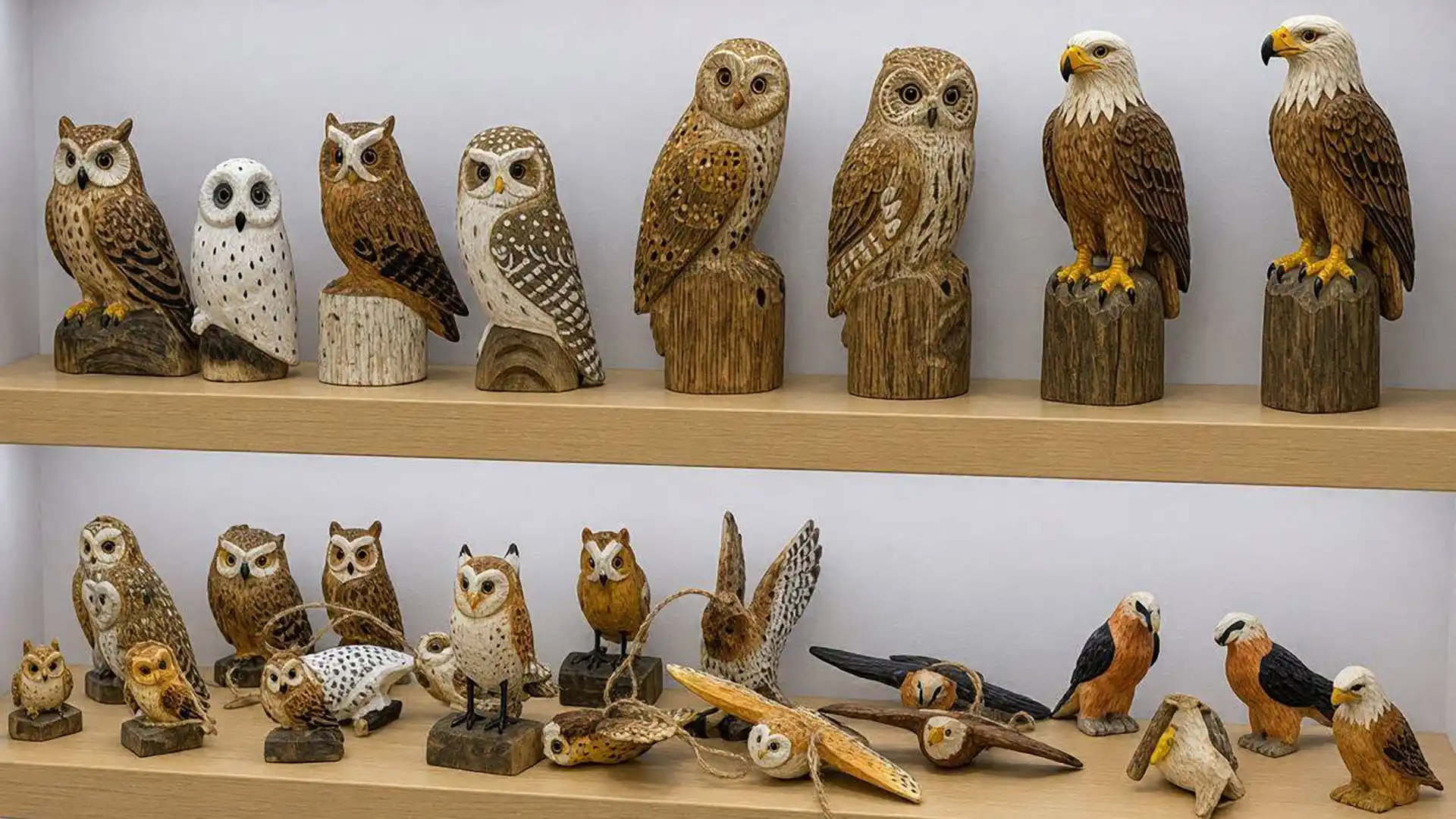 Showroom display of wholesale wood-carved eagles and owls.