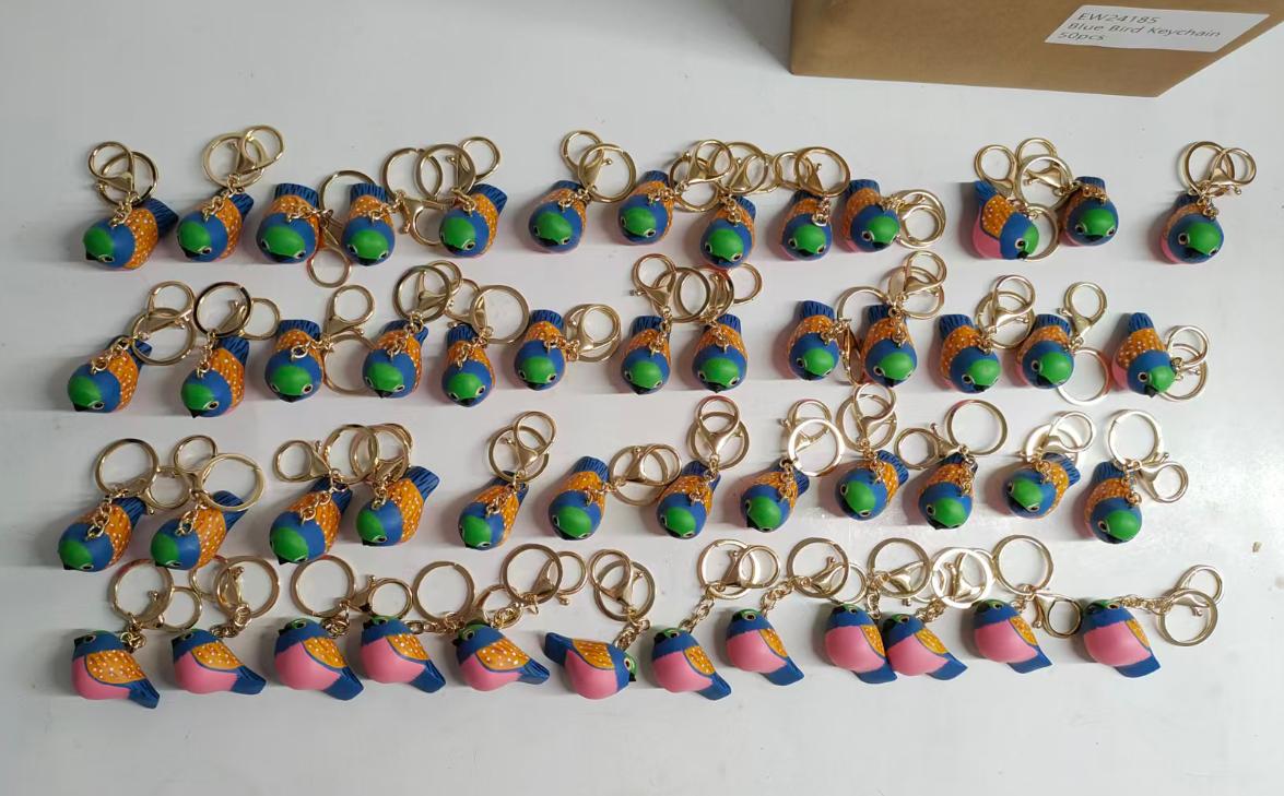 Wooden crafts HS code example: hand-painted wooden bird keychains laid out for a wholesale order with product label
