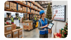 Warehouse worker pointing at a December calendar with Christmas decor shipping deadline