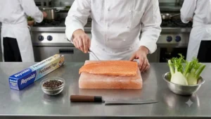 Commercial large Himalayan salt block for salmon curing in restaurant kitchen