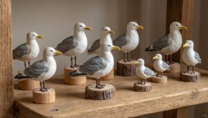 Wooden seagull figurine collection displayed on rustic wooden shelf