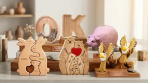 Custom wooden family puzzles, piggy banks, and carved slingshots display