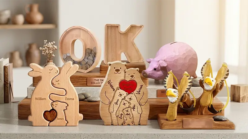 Custom wooden puzzles and piggy banks hand-carved by ewoodarts for wholesale toy buyers