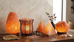 Warm glowing natural Himalayan pink salt lamps and pyramid salt lamps