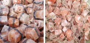 Left: Uniformly shaped salt licks with individual moisture-proof shrink wrap. Right: Raw, naturally mined Himalayan salt chunks. We manufacture both to suit different market needs.