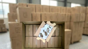 Optimized inner box and master carton packaging designed to eliminate wasted shipping space for wholesale wooden keychains.