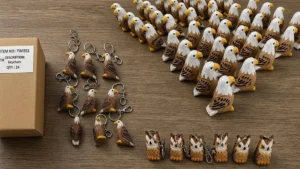 Wholesale wooden eagle and owl keychains arranged with a labeled product box.