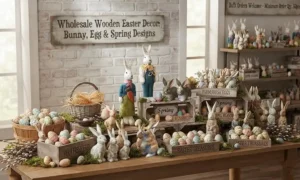 Wholesale wooden Easter decor display featuring hand-carved wooden bunnies, painted eggs, and spring craft collections in a B2B showroom setting with bulk order options.