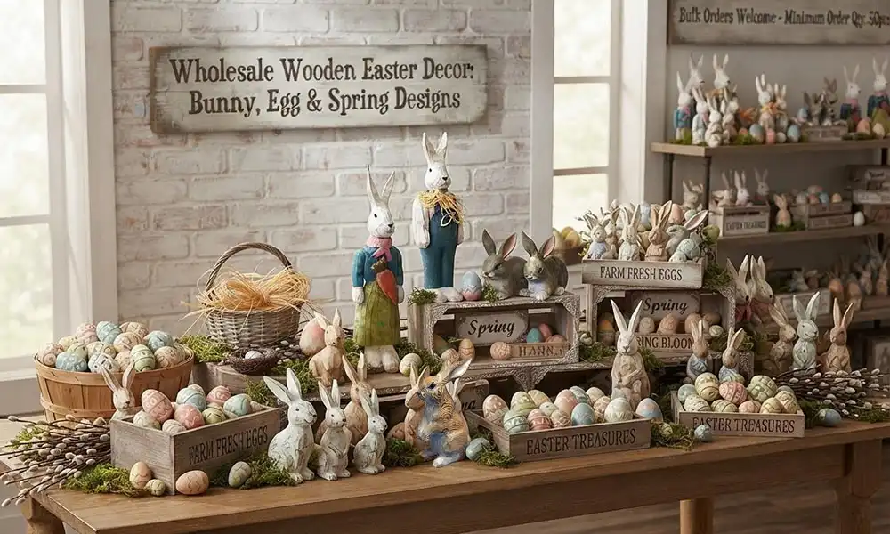 Wholesale wooden Easter decor display featuring hand-carved wooden bunnies, painted eggs, and spring craft collections in a B2B showroom setting with bulk order options.