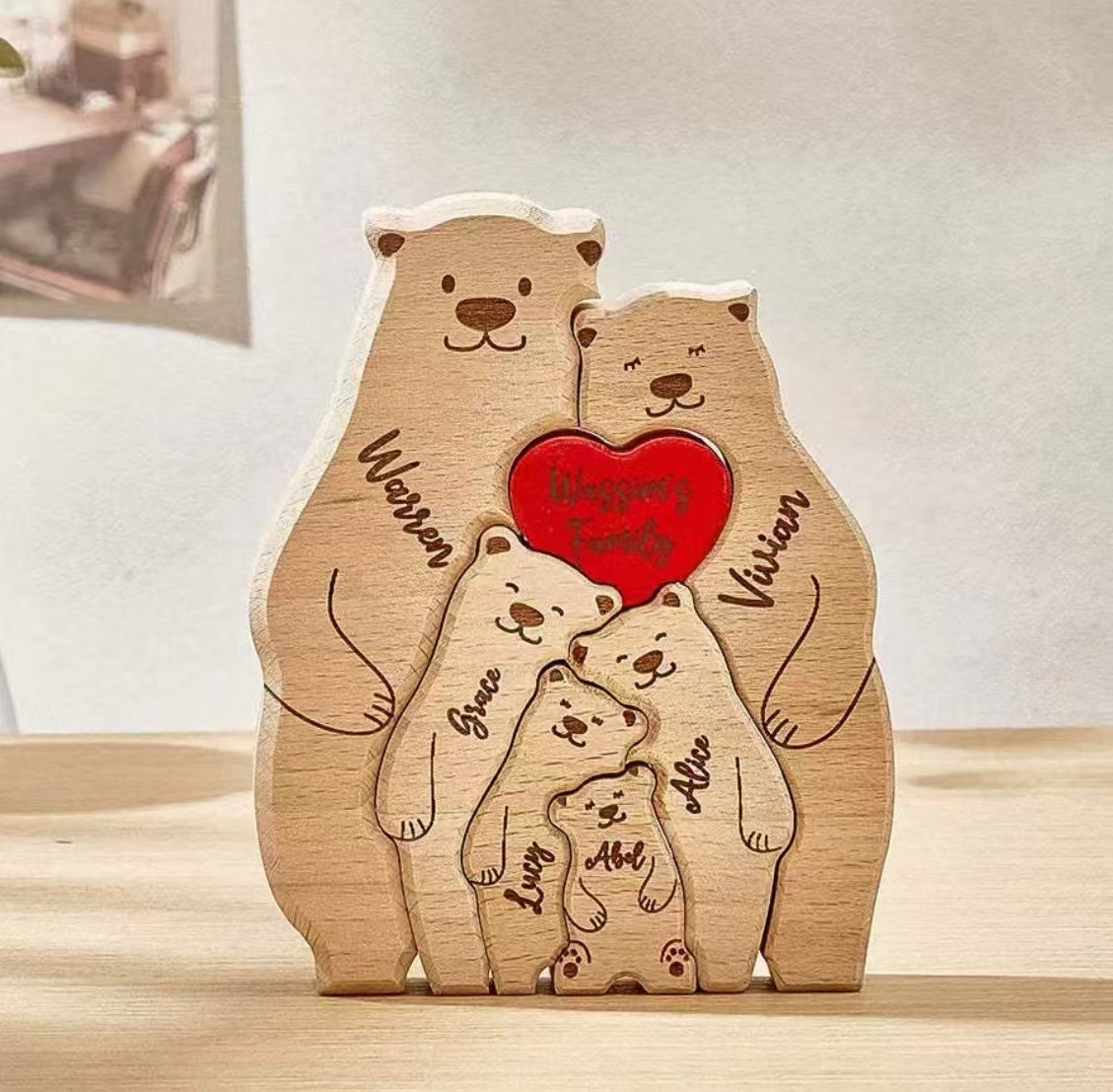 Engraved wooden bear family puzzle with personalized names and heart centerpiece