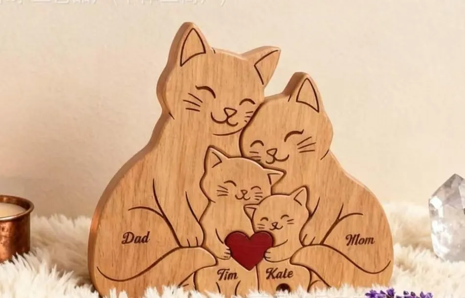 Wooden cat family puzzle with engraved names, a Montessori-style toy
wooden learning toys EN71