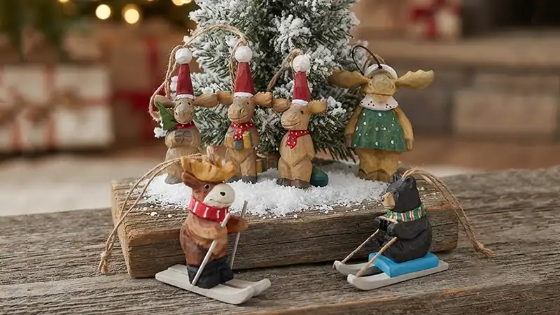 Wooden Christmas ornaments and holiday crafts as a gift shop window display anchor
