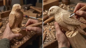 Side-by-side demonstration of artisan hand-carving a wooden eagle, highlighting raw block shaping and fine feather detail work.
