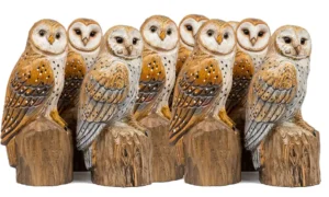 Hand-painted wooden owl carvings on wooden bases for wholesale gift and decor retail