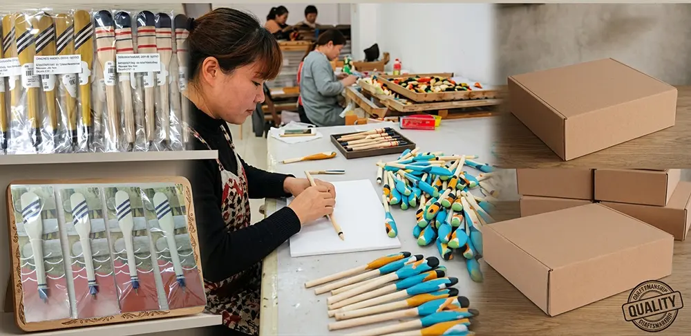 3 wholesale packaging options for handcrafted wooden pen gift sets including custom backing cards, OPP bags, and inner boxes.