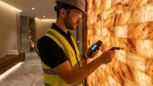 Commercial site engineer with digital hygrometer inspecting luxury backlit Himalayan salt wall humidity levels in a wellness spa