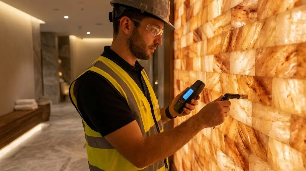 Commercial site engineer with digital hygrometer inspecting luxury backlit Himalayan salt wall humidity levels in a wellness spa