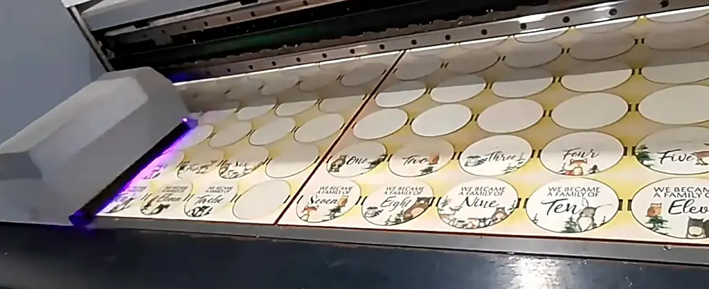 Factory UV printing line applying custom logos to wooden coasters