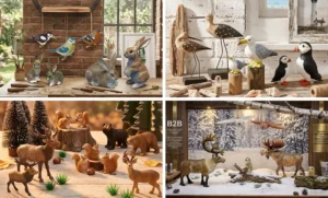 Four-season retail rotation of hand-carved wooden animal figurines showing spring rabbits, summer shorebirds, autumn forest animals, and winter snowy deer