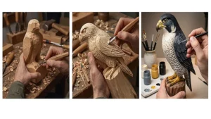 Handcrafted wooden falcon carving and painting process demonstrating artisan craftsmanship for gift industry trends 2026