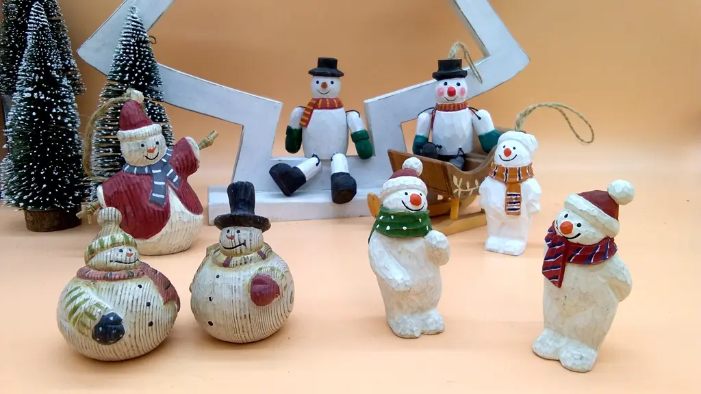 Collection of hand-carved wooden snowman Christmas ornaments manufactured by Jilin Ever Creation