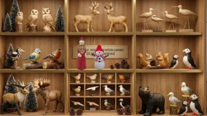 A multi-tiered wooden showroom shelf displaying a wide variety of handcrafted wooden animal and bird carvings in natural and hand-painted finishes.