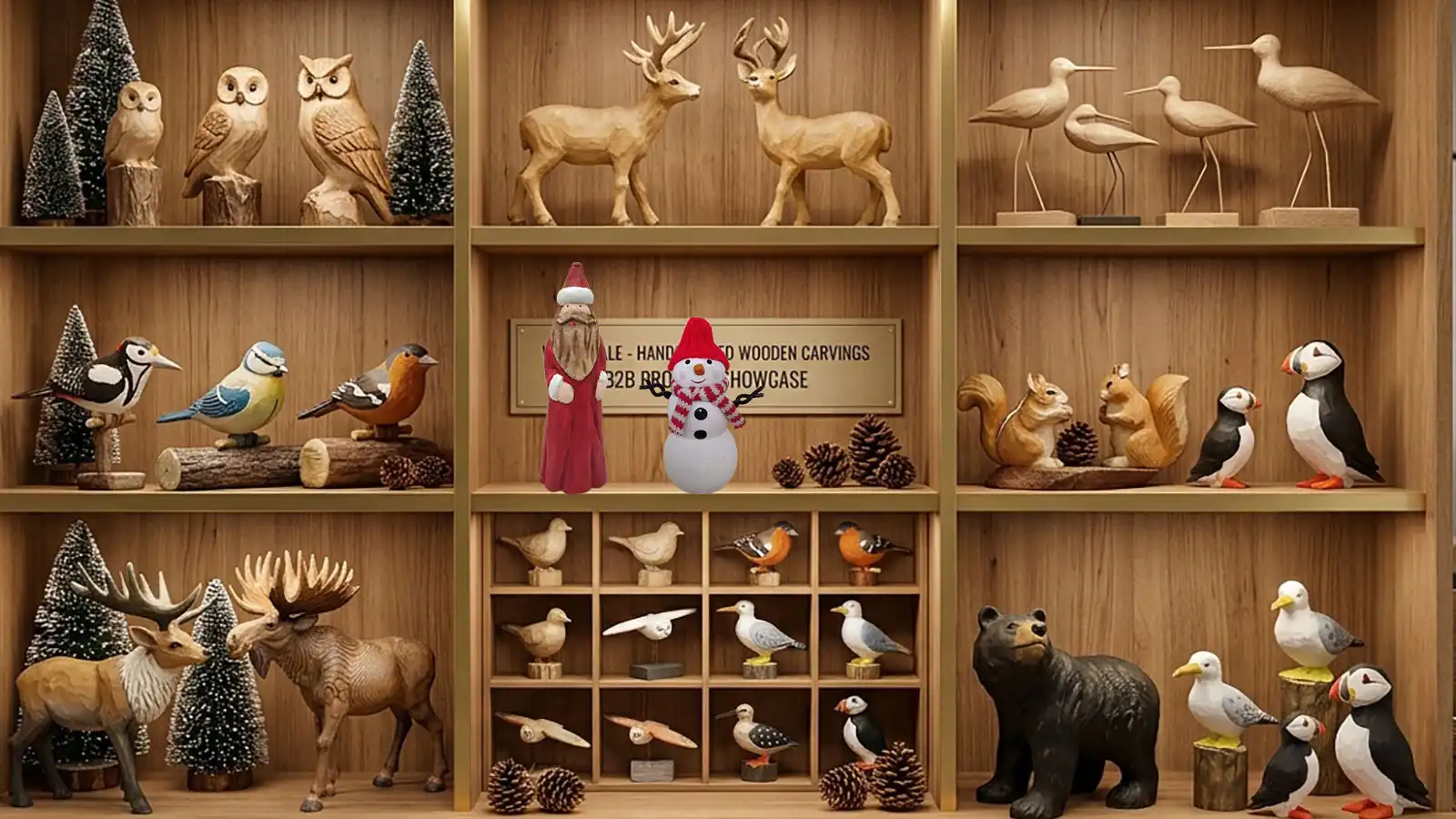 Handcrafted wooden animal carvings on showroom shelving showing how grain and finish differ between carved wood species